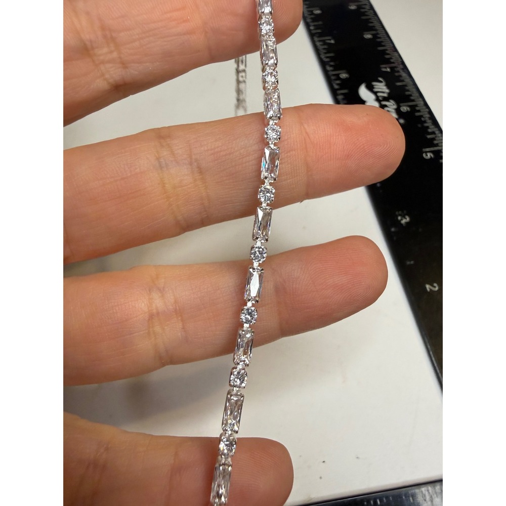 Silver Tone Baguette and Round Cubic Zirconia Tennis Bracelet 7 Inch